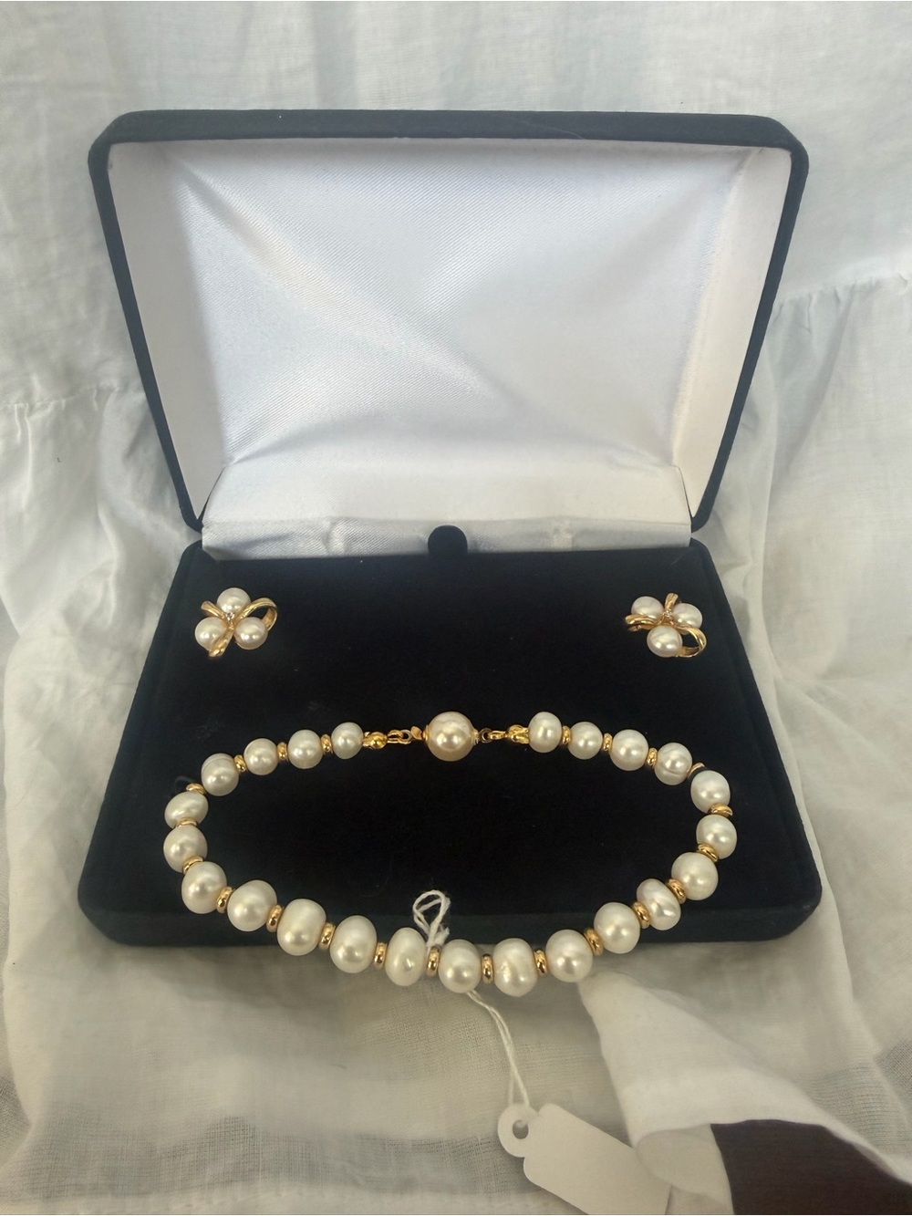 Faux Pearl and Gold Bead Bracelet with Matching Pearl Stud Earrings